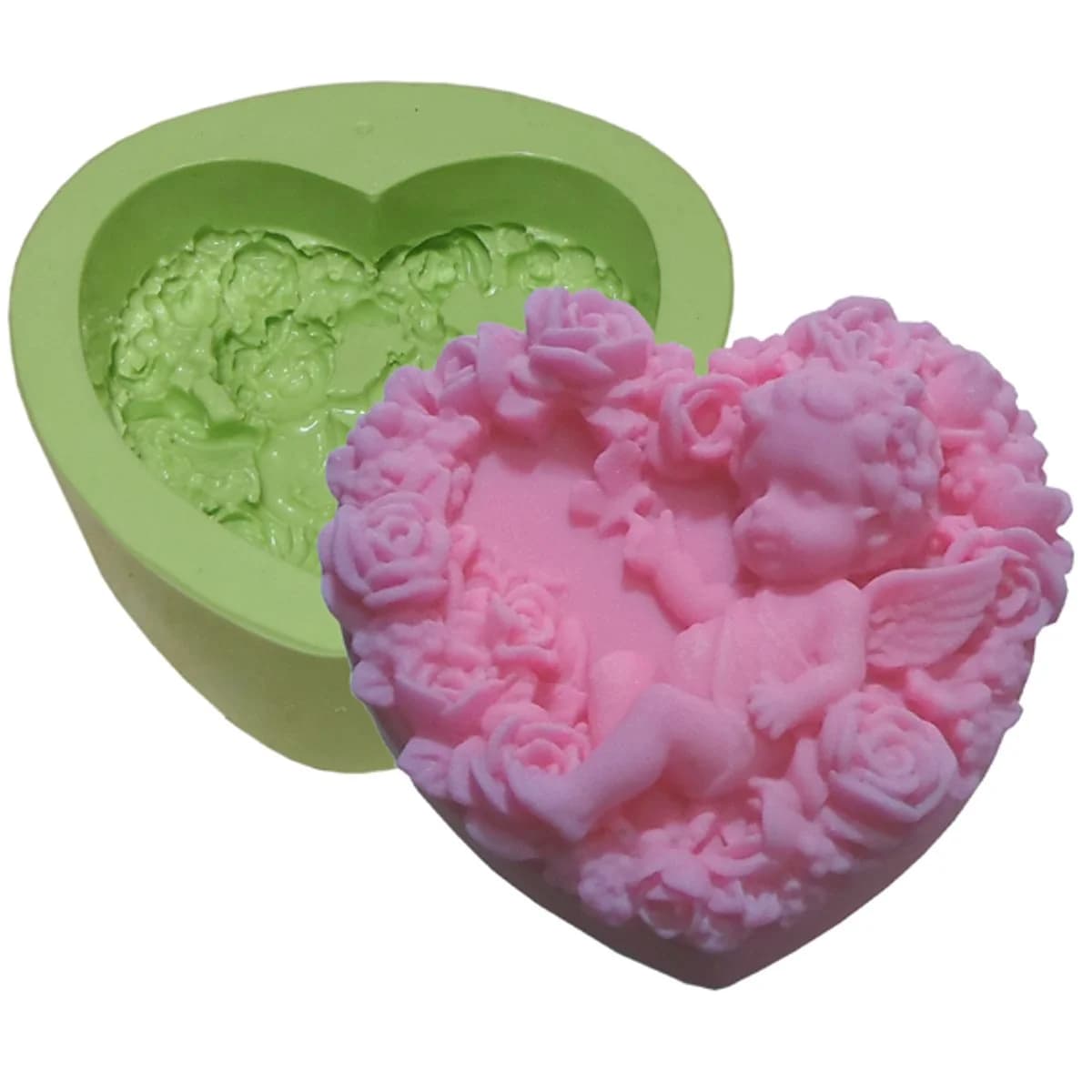 Molde de Silicone para Velas e Sabonetes Coração com Flores e Anjo