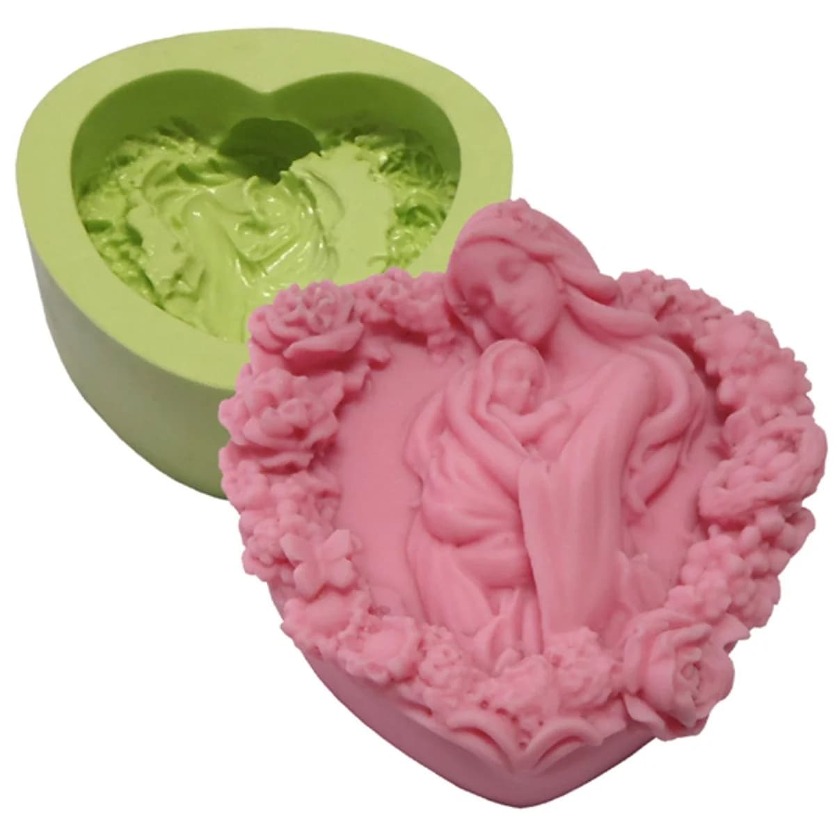 Molde de Silicone para Velas e Sabonetes Coração Flores Mãe com Bebê